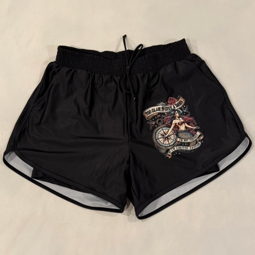 Mermaid Graphic Athletic Shorts Women Medium Black Excellent 2-Layer Gym Beach - Picture 1 of 7